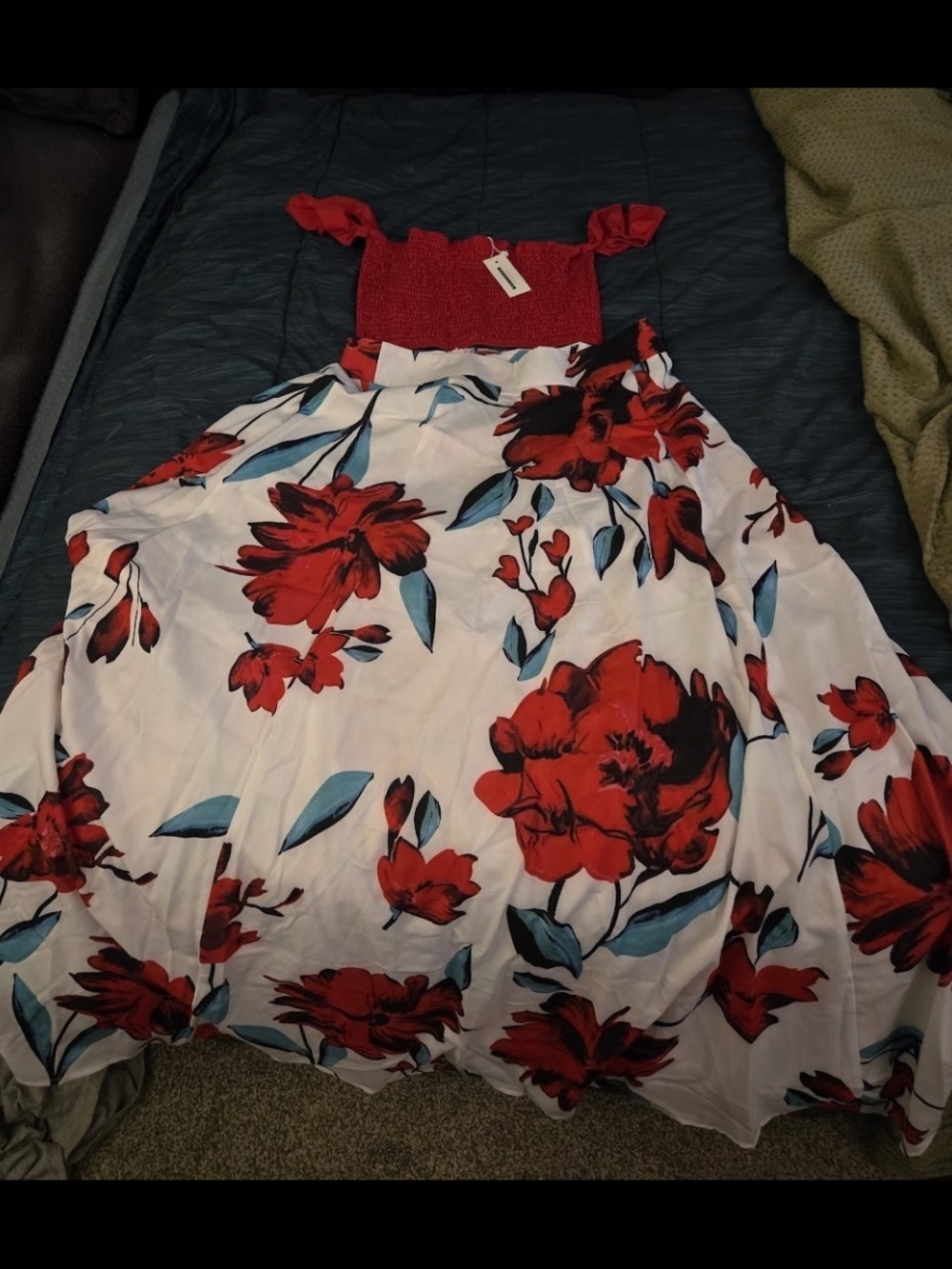 Girls Red Floral Maxi Dress with Smocked Bodice